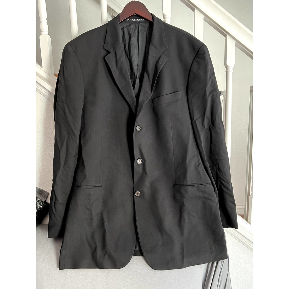 Hugo Boss Einstein Beta US Mens 44L‎ Blazer Black 100% Virgin Wool 3 Button